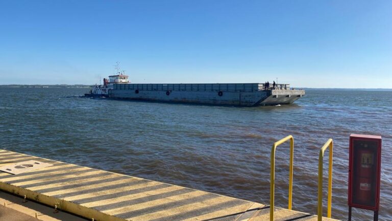 Puerto Posadas | Un convoy de cargas con madera aserrada de Arauco, inició la primera operación fluvial Misiones-Zarate